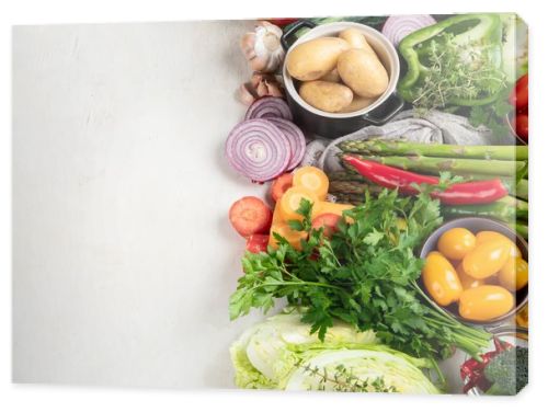 Healthy food clean eating selection: fruit, vegetable, seeds, superfood, cereal, leaf vegetable on a white background. Top view.