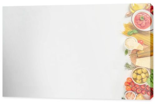 pasta and ingredients for cooking on white background, italian cuisine concept.