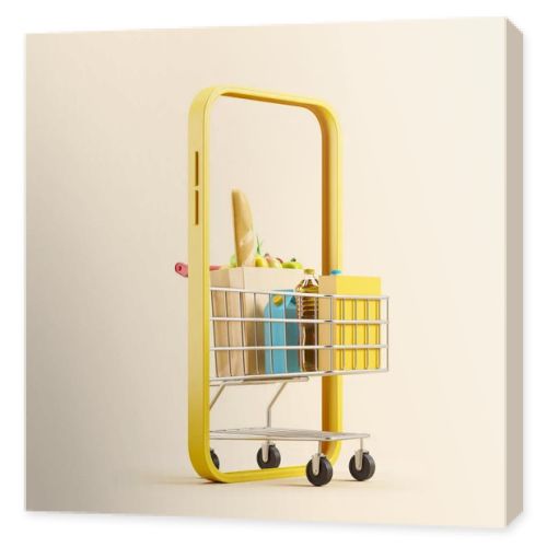 Smartphone and shopping cart with products in paper bag, light beige background. Concept of delivery and online order. 3D rendering