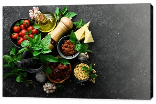 Preparation of Pesto Rosso sauce with tomatoes. Ingredients: Tomatoes, Basil, pine nuts, Parmesan and olive oil. On a concrete background.