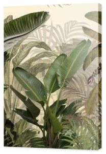 Tropical plants wallpaper design, Jungle background, big leaf and bird, back yard, landscape, mural art.