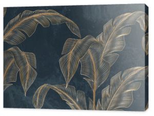 Abstract luxury art background with tropical palm leaves in blue and green colors with golden art line style. Botanical banner with exotic plants for wallpaper design, decor, print, textile