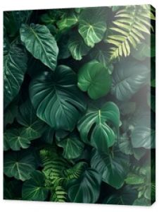 Dark green plants growing in a lush foliage background of tropical leaves like anthurium, epiphytes, or ferns, forming a beautiful green plant wall design in a cloud forest.