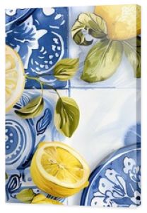 A seamless pattern of lemons and blue and white tiles. The lemons are yellow and have green leaves. The tiles are blue and white and have a floral design.