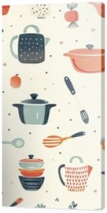 A detailed drawing of a toy kitchen set, with pots, pans, and utensils, inviting children to explore the joys of cooking and pretend play. Minimal pattern banner wallpaper, simple background,