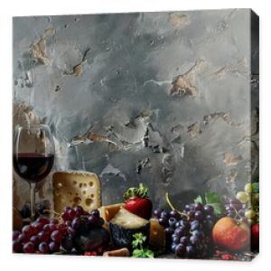 Rustic still life with wine, cheese, grapes, and assorted fruits displayed on a wooden table against a textured wall.