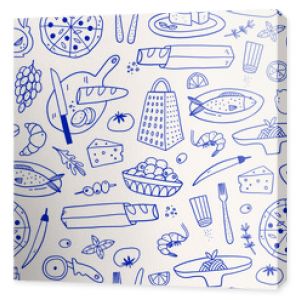 Mediterranean Cuisine Seamless Pattern. Hand Drawn Food Background for Menu design.