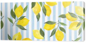 Lemon summer pattern on blue stripes background