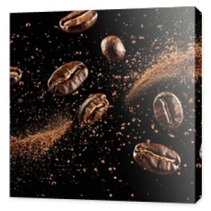 Dynamic coffee beans in mid-air with swirling ground coffee on a black background capturing energy motion and the essence of fresh brew