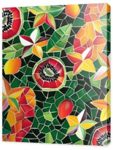 A colorful mosaic pattern of tropical fruits like guava, starfruit, and papaya, arranged in a dynamic, repeating design on a dark green background