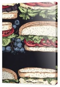 Seamless hand drawn pattern of sandwich borders featuring various ingredients perfect for culinary design and packaging