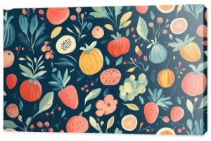 A vibrant floral pattern featuring assorted fruits and foliage against a dark background, ideal for textile and wallpaper designs.