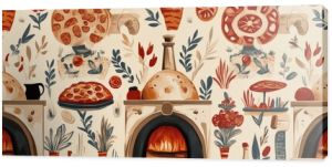 A repeating design of vintage-style pizza ovens, dough, and toppings like pepperoni and mozzarella, arranged in an artistic retro pattern with warm, inviting colors."