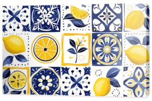 A seamless pattern of hand-painted ceramic tiles featuring lemons and Mediterranean motifs.