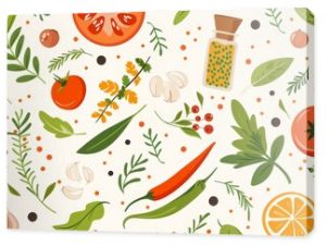 Flat design of kitchen ingredients like herbs and spices in a seamless pattern for culinary themes.