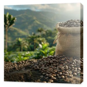 Coffee bean bag in focus. A high-quality photo of a coffee bean bag with a blurred coffee plantation background.