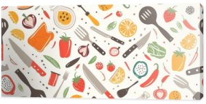 Flat design of kitchen utensils and food items in a seamless pattern, ideal for culinary themes.