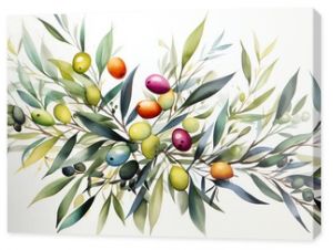 Watercolor painting of olive branches with green, purple, and orange olives.