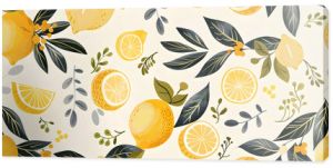 A seamless pattern featuring hand-drawn lemons and green leaves with a touch of yellow berries, creating a fresh and vibrant design. Perfect for summer-themed projects, backgrounds, and culinary desig