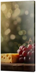 Elegant still life with wine bottle, cheese, grapes, and fruit on wooden board in natural light.