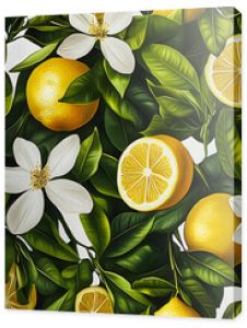 Seamless botanical pattern featuring vibrant yellow lemons with rich green leaves and delicate white blossoms, ideal for fabric prints, wallpaper, and home decor designs