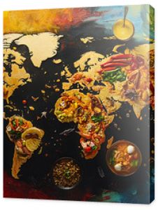 background with a world food map, showcasing different cuisines represented by their respective countries, in a colourful, layout