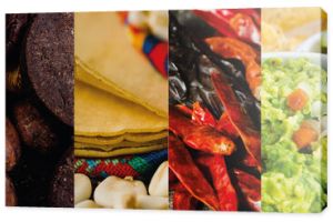 Mexican food: Collage of typical dishes of Mexico including tacos, guacamole, chocolate, birria, chili, tortilla and bacalao a la vizcaina