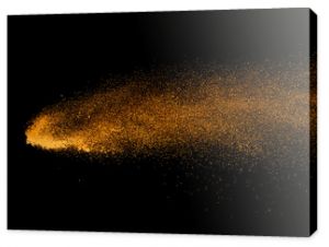 Closeup of orange powder particle splash isolated on black  background.