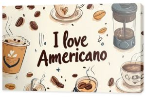 Seamless pattern featuring coffee cups, beans, and the phrase 'I love Americano' in an artistic style