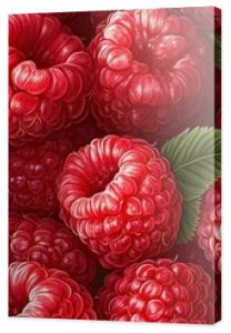 Vibrant raspberry pattern with juicy red berries and green leaves for creative design.