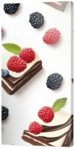 Seamless pattern featuring slices of chocolate cake topped with fresh berries on a clean white background perfect for designs and culinary themes