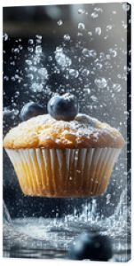 A Close-up of a Blueberry Muffin Suspended in Mid-Air, Surrounded by Water Droplets and Powdered Sugar, with a Blurred Background of a Kitchen