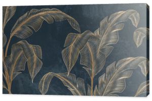 Abstract luxury art background with tropical palm leaves in blue and green colors with golden art line style. Botanical banner with exotic plants for wallpaper design, decor, print, textile