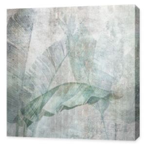 Big banana leaves. Grunge photo wallpaper with golden abstract elements on concrete background. Illustration for wallpaper, fresco, mural.