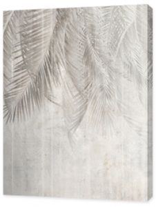 Palm leaves on the wall, tropical leaves. Illustration for wallpaper, card, poster, decoration. Mural.