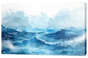 Abstract ocean waves background, vector watercolor illustration on white isolated background, detailed illustration of a sea landscape in the style of watercolour art, pastel blue color, simple design