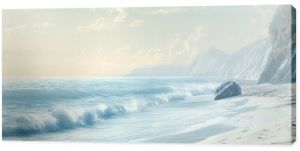 Serene coastal scene with soft, muted colors and gentle waves, creating a tranquil setting for silent reflection and reverie.