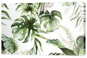 Green tropical leaves on white background. Watercolor hand painted seamless pattern. Floral tropic illustration. Jungle foliage.