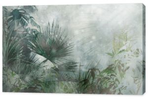 tropical plants on a textural background in dark colors art drawing photo wallpaper in the interior