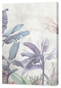 Tropical trees wallpaper design, banana leaf, landscape, pastel tones, mural art.