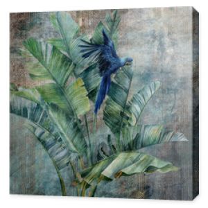 Parrot on huge banana leaves. Grunge photo wallpaper with abstract elements on the dark concrete background. Illustration for wallpaper, fresco, mural.