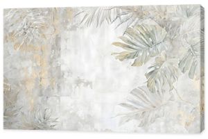 Mural art design. Art drawn tropical leaves on grunge concrete background. Wallpaper gray abstract leaves on concrete background. Tropical gray leaves on grunge concrete background Wallpaper.