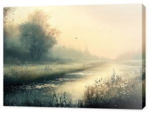 A serene landscape at dawn, with soft, muted colors and gentle mist creating a sense of peaceful reverie and quiet contemplation.