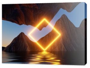 3d rendering, seascape with cliffs, water and yellow neon square geometric shape. Modern minimal abstract background. Spiritual zen wallpaper with sunset or sunrise light