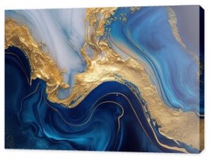 Abstract blue marble texture with gold splashes, blue luxury background