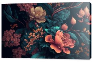 Dark floral background wallpaper design with multicolor flowers and leaves