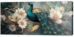 modern interior mural painting wall art decor abstraction wallpaper with white, dark green and golden tropical palm leaf branches and flowers with feathers peacock bird 