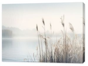 Beautiful serene nature scene with river reeds fog and water