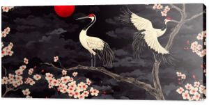 Oriental ornament with cranes and decorative elements of bonsai and cherry blossoms.