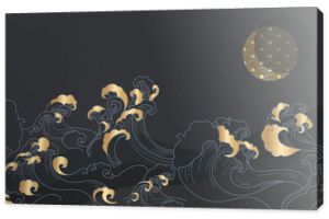 vector illustration of an abstract background Japanese  golden wave in dark night with half moon 